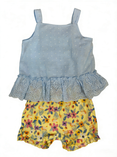 A TWO-PIECE SET IN BLUE AND YELLOW CONTRASTING COLORS